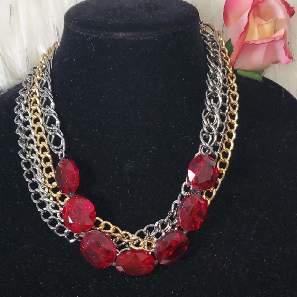 Five Multi Chain Layer with Red Stones